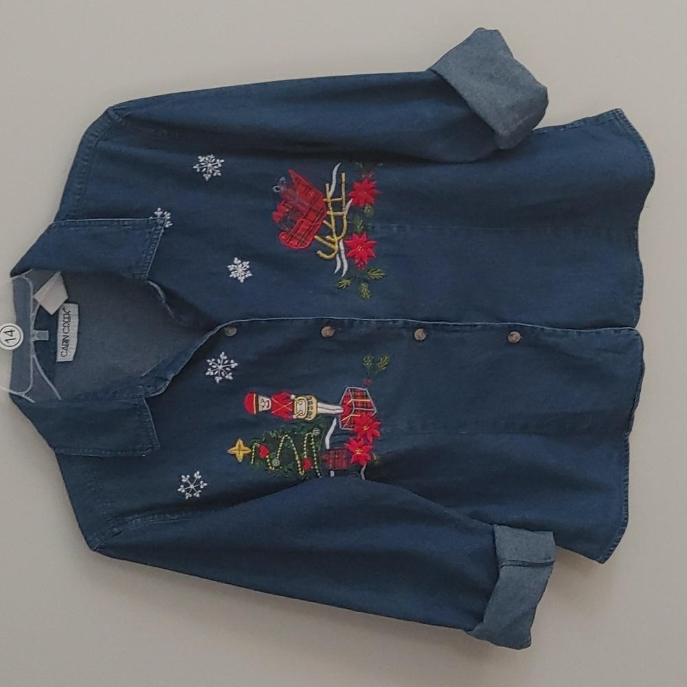 Vintage Cabin Creek Embroidered Christmas Denim Long Sleeve Button Front Shirt M